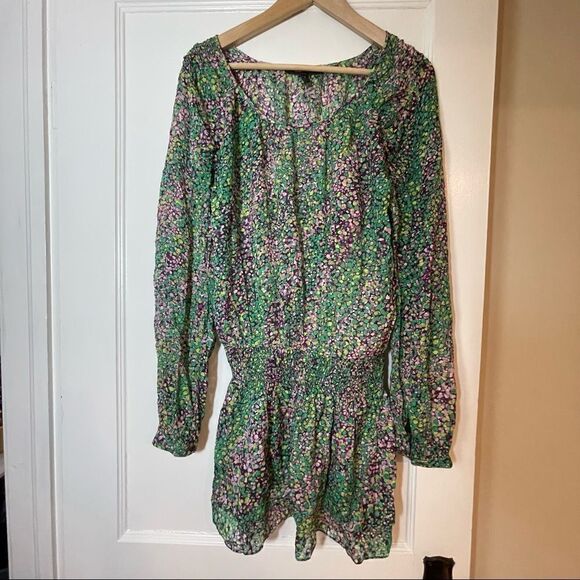 BCBGMaxAzria Split Sleeve Stunning Green Purple Watercolor Silk Tunic XS - Picture 15 of 16